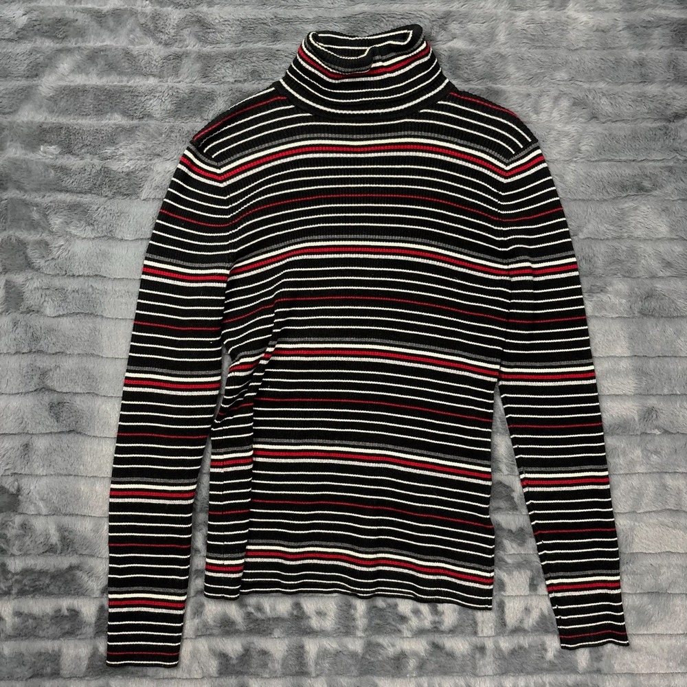 Charter Club Womens Striped Ribbed Turtleneck Sweater Black Red White M 8546